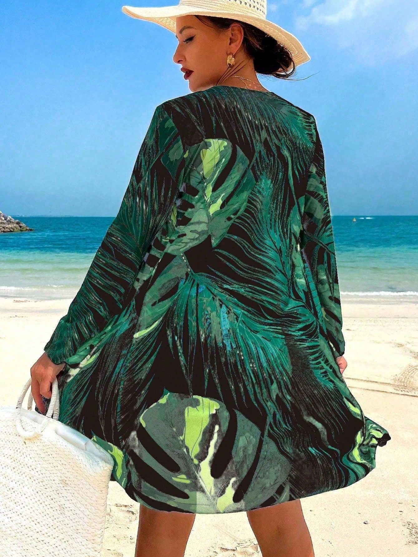 Conjunto Top Com Amarração Short E Kimono Estampado