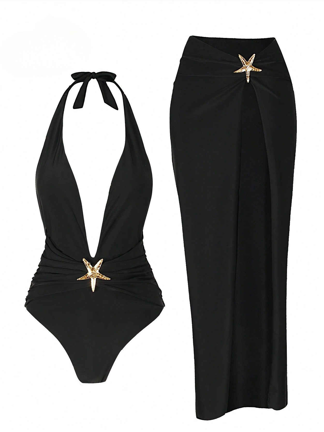 Conjunto Maiô Decote Profundo Com Saia Longa Elegante