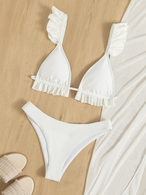 Conjunto Biquíni Triângulo Com Babados E Saída De Praia Tule