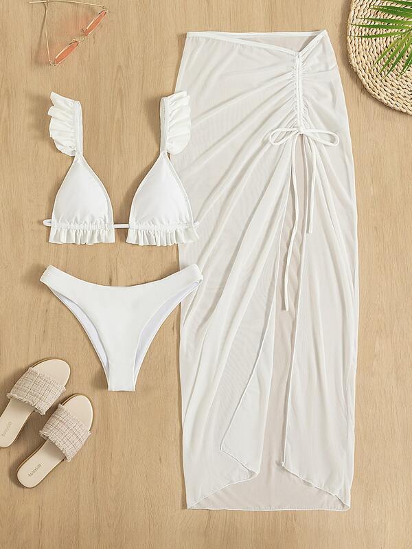 Conjunto Biquíni Triângulo Com Babados E Saída De Praia Tule