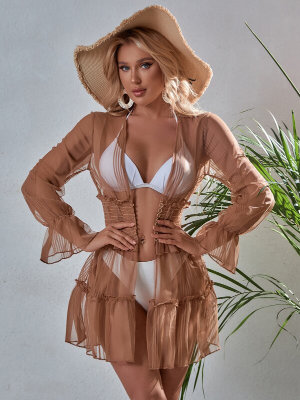 Saída De Praia Kimono Curto Com Babados E Ajuste Na Cintura