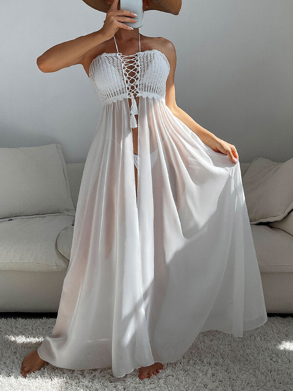 Saída De Praia Vestido Longo Com Top Rendado E Abertura Frente