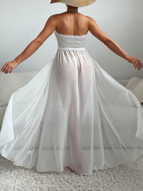 Saída De Praia Vestido Longo Com Top Rendado E Abertura Frente