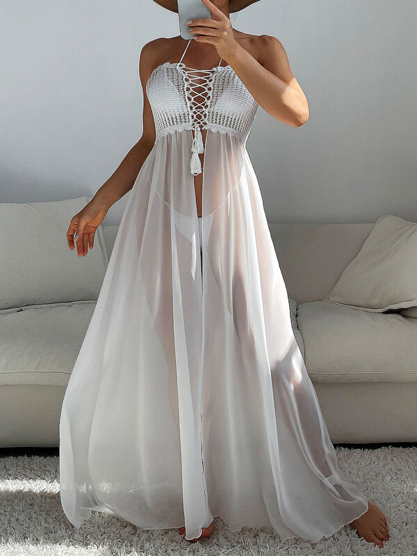 Saída De Praia Vestido Longo Com Top Rendado E Abertura Frente