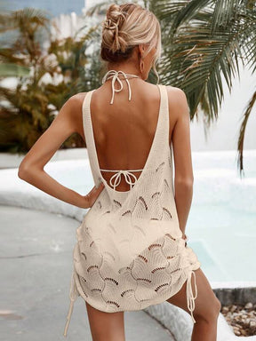 Saída De Praia Vestido Curto Trama Aberta Com Ajuste Lateral