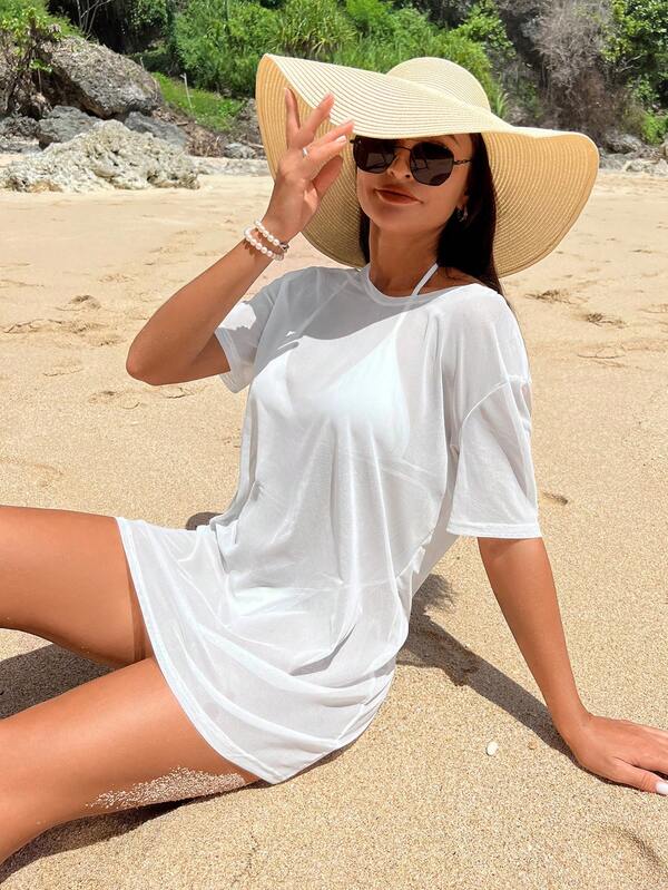 Saída De Praia Vestido Curto Transparente Estilo Camiseta