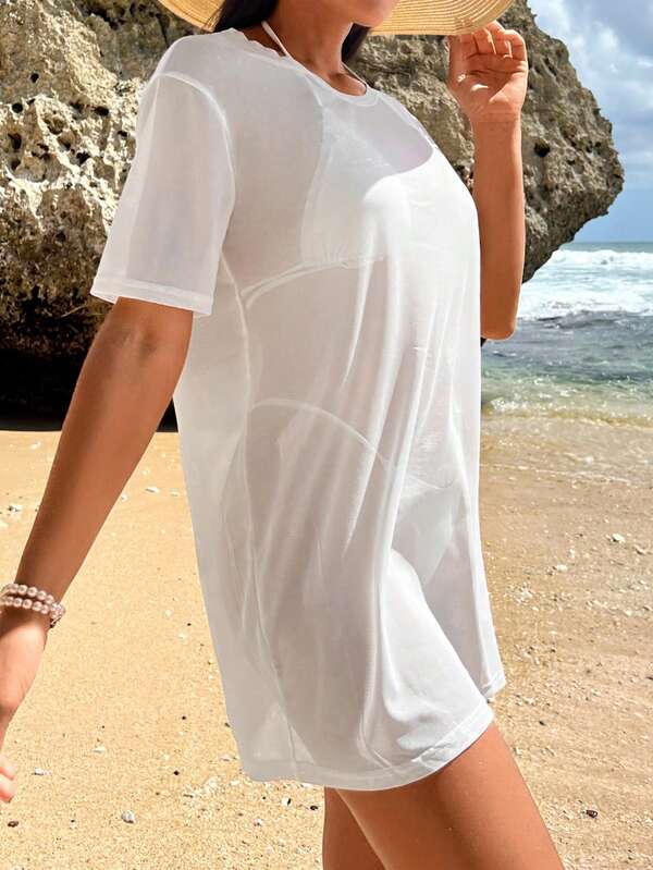 Saída De Praia Vestido Curto Transparente Estilo Camiseta