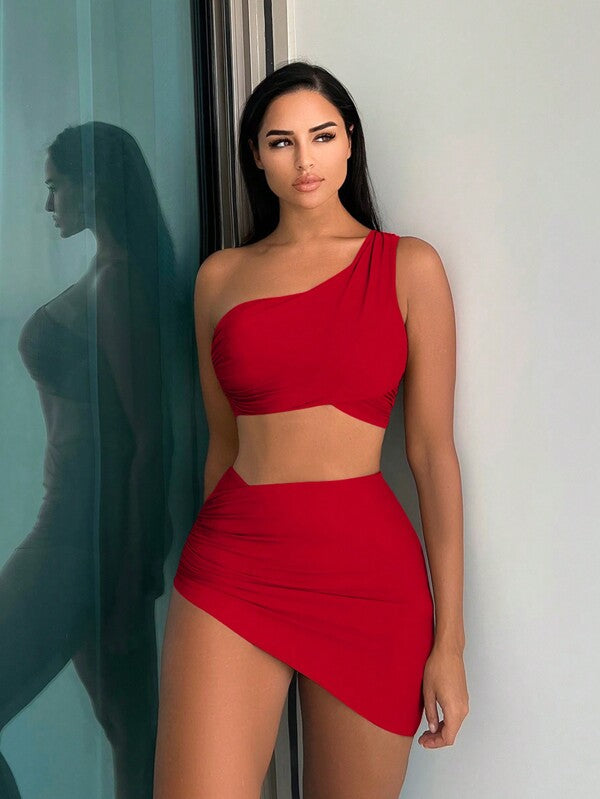 Conjunto Um Ombro Só Com Pareô Assimétrico Elegante