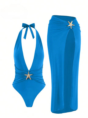 Conjunto Maiô Decote Profundo Com Saia Longa Elegante