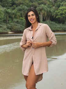 Saída De Praia Camisa Oversized Com Botões E Manga Dobrável