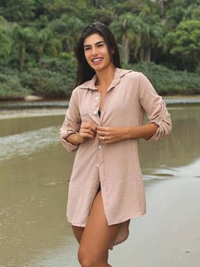 Saída De Praia Camisa Oversized Com Botões E Manga Dobrável