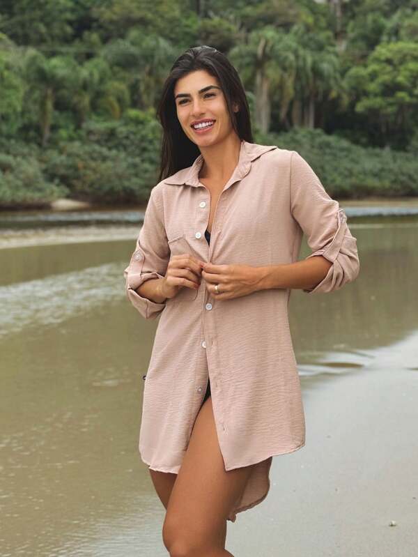Saída De Praia Camisa Oversized Com Botões E Manga Dobrável