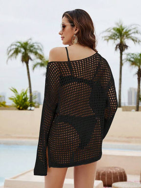 Saída De Praia Blusa Curta Trama Aberta Com Ombro Caído