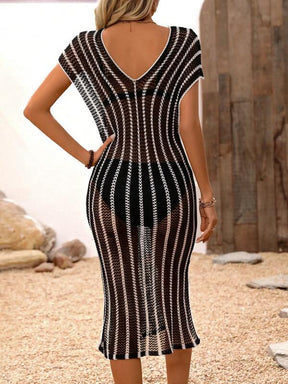 Saída De Praia Vestido Vazado Midi Decote V Com Fendas