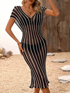 Saída De Praia Vestido Vazado Midi Decote V Com Fendas