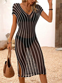 Saída De Praia Vestido Vazado Midi Decote V Com Fendas