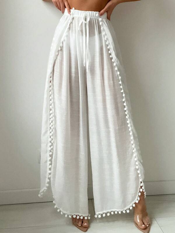 Saída De Praia Calça Fluida Com Fendas E Detalhe Pompons