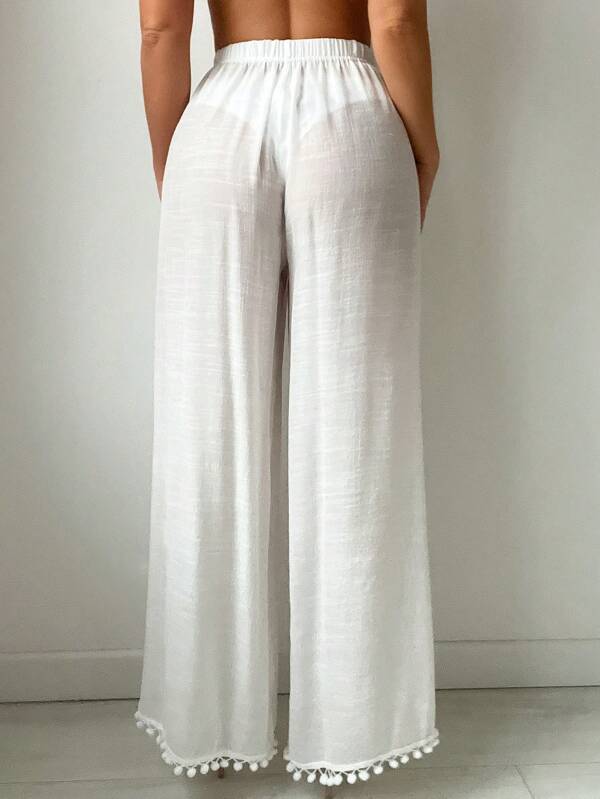 Saída De Praia Calça Fluida Com Fendas E Detalhe Pompons