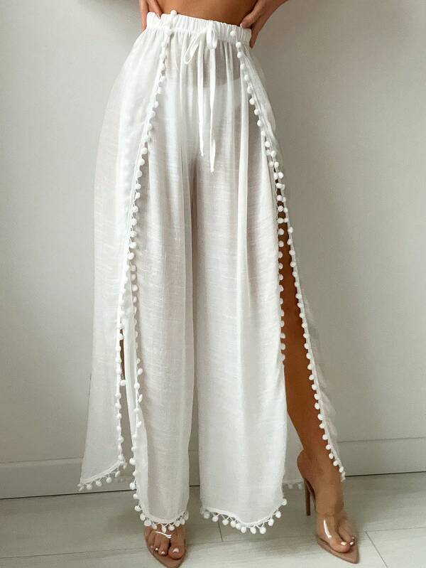 Saída De Praia Calça Fluida Com Fendas E Detalhe Pompons