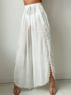 Saída De Praia Calça Fluida Com Fendas E Detalhe Pompons