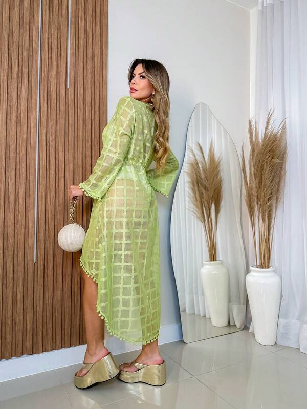 Saída De Praia Kimono Longo Com Recortes Geométricos