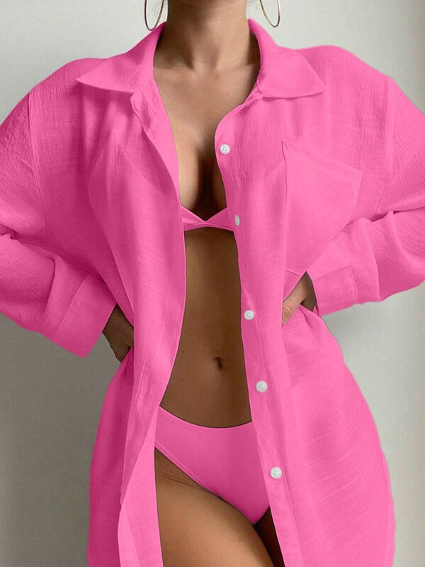 Saída De Praia Camisa Longa Com Botões Estilo Oversized