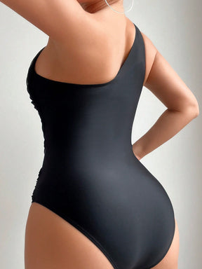 Maiô Um Ombro Só Drapeado Com Tule Estilo Elegante