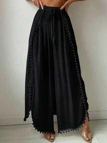 Saída De Praia Calça Fluida Com Fendas E Detalhe Pompons