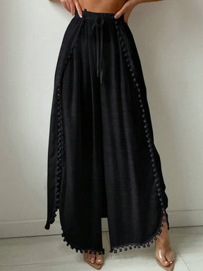 Saída De Praia Calça Fluida Com Fendas E Detalhe Pompons