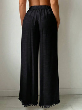 Saída De Praia Calça Fluida Com Fendas E Detalhe Pompons