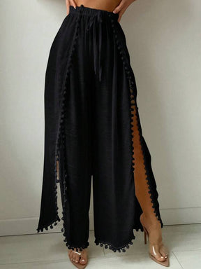 Saída De Praia Calça Fluida Com Fendas E Detalhe Pompons