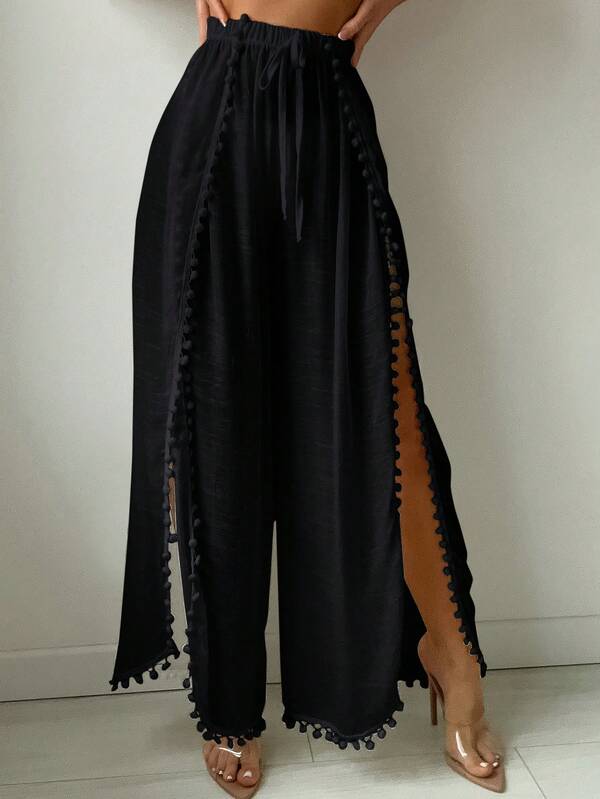 Saída De Praia Calça Fluida Com Fendas E Detalhe Pompons