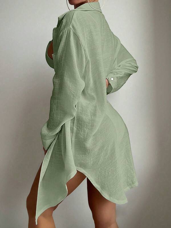 Saída De Praia Camisa Longa Com Botões Estilo Oversized