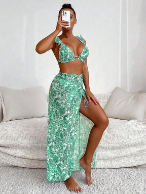 Conjunto Biquíni Triângulo Com Babados E Saída De Praia Tule