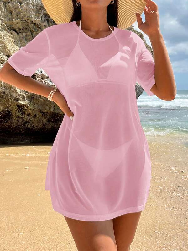 Saída De Praia Vestido Curto Transparente Estilo Camiseta