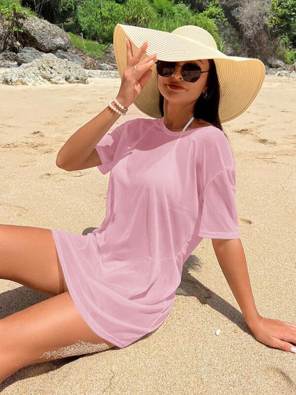 Saída De Praia Vestido Curto Transparente Estilo Camiseta