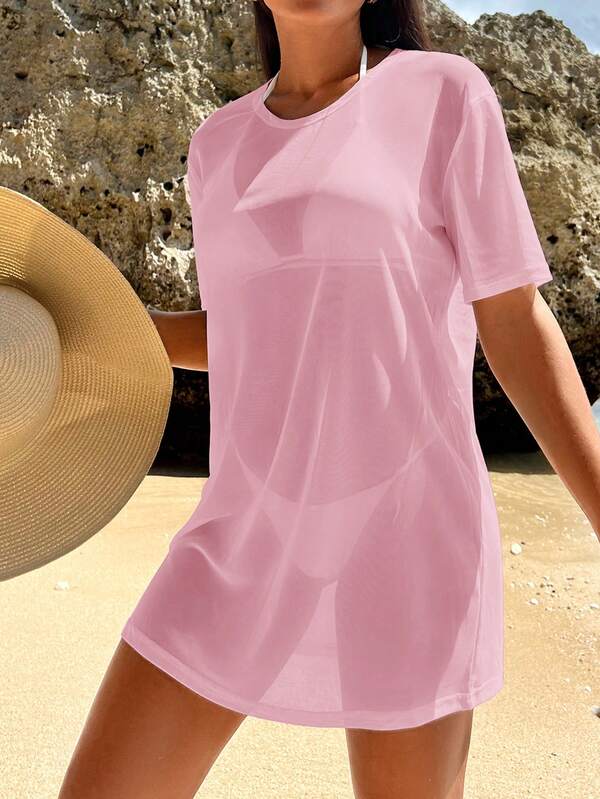 Saída De Praia Vestido Curto Transparente Estilo Camiseta