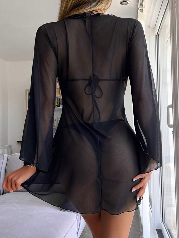 Saída De Praia Kimono Curto Transparente Com Amarração