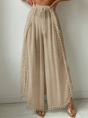 Saída De Praia Calça Fluida Com Fendas E Detalhe Pompons