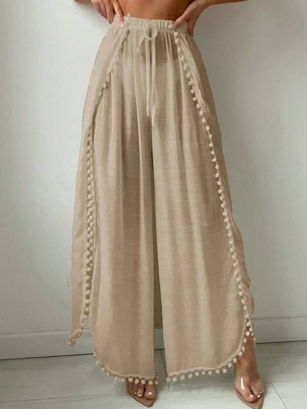 Saída De Praia Calça Fluida Com Fendas E Detalhe Pompons