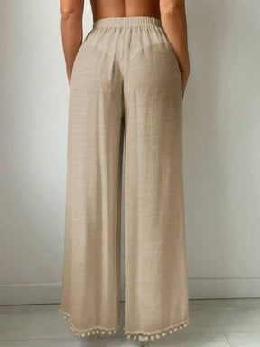 Saída De Praia Calça Fluida Com Fendas E Detalhe Pompons