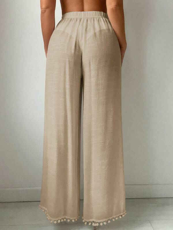 Saída De Praia Calça Fluida Com Fendas E Detalhe Pompons