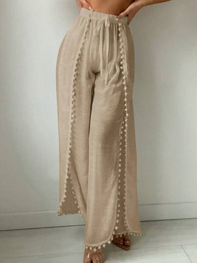 Saída De Praia Calça Fluida Com Fendas E Detalhe Pompons