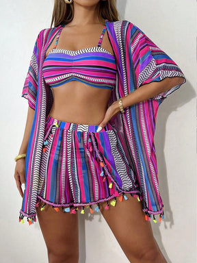 Conjunto Top Faixa Com Short E Kimono Estilo Boho