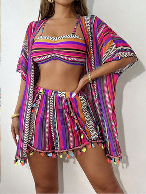 Conjunto Top Faixa Com Short E Kimono Estilo Boho