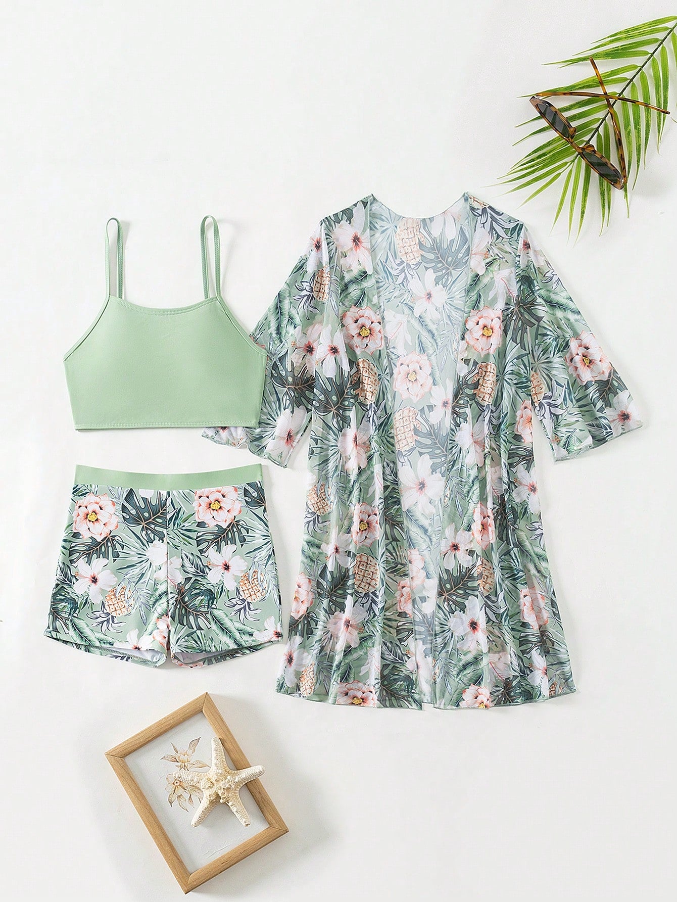 Conjunto Top Cropped E Kimono Estilo Tropical