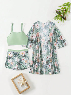 Conjunto Top Cropped E Kimono Estilo Tropical