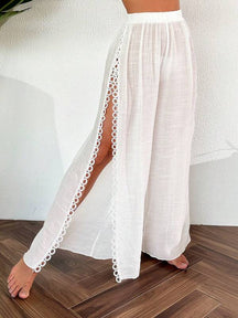 Saída De Praia Calça Fluida Com Fenda Bordada