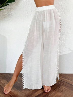 Saída De Praia Calça Fluida Com Fenda Bordada