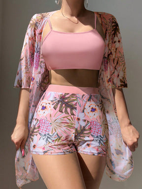 Conjunto Top Cropped E Kimono Estilo Tropical